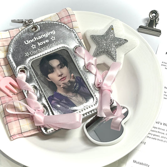 009 Handmade Silver Kpop Photocard Holder with Pink Bow