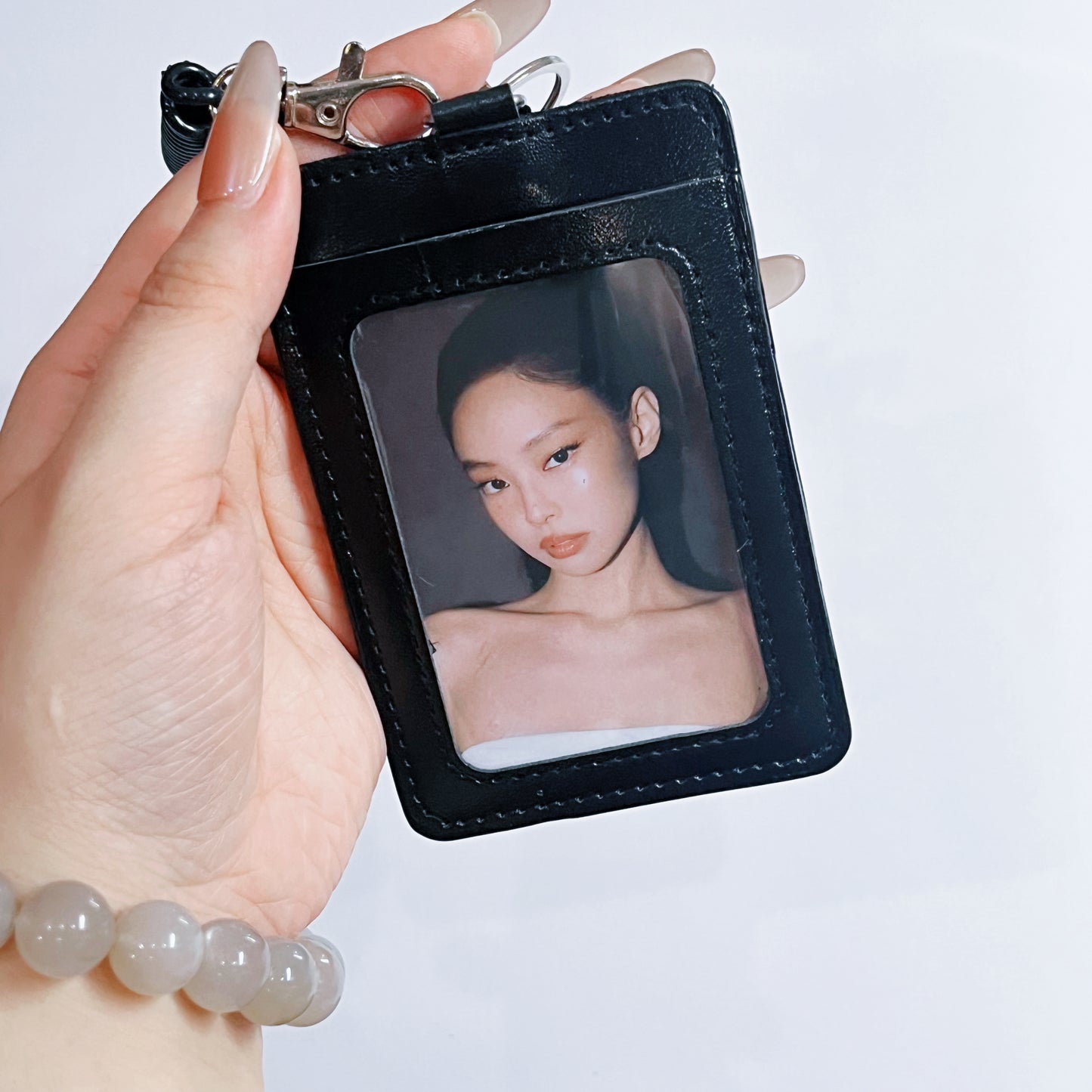 [019] Black Leather Photocard Holder — Minimalist Design with Strap
