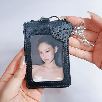 [019] Black Leather Photocard Holder — Minimalist Design with Strap