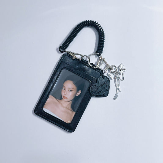 [019] Black Leather Photocard Holder — Minimalist Design with Strap