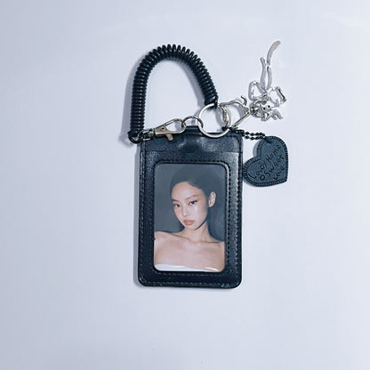 [019] Black Leather Photocard Holder — Minimalist Design with Strap